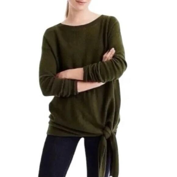 J Crew Green Crewneck Tie Asymmetric Hem Long Sweater Size Small Oversized - Picture 1 of 9